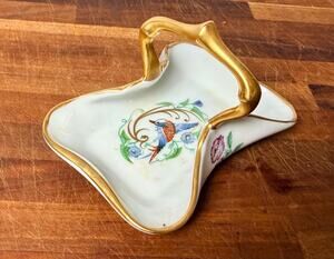 Vintage Limoges Castel Porcelain Basket Dish: Bird Floral Gold Gilt Handle